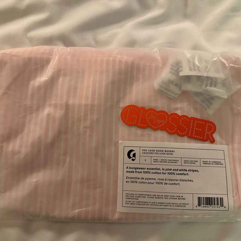 Glossier Boxers Size Small and Las Vegas Glossier Sticker